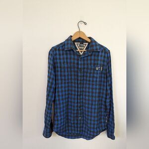 Superdry men's blue navy plaid flannel long sleeve shirt S Small